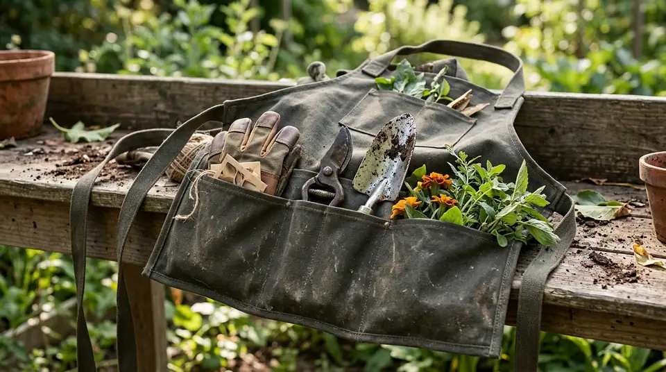Green canvas gardening apron with pockets holding gloves, a trowel, shears, and flowers on a wooden workbench
