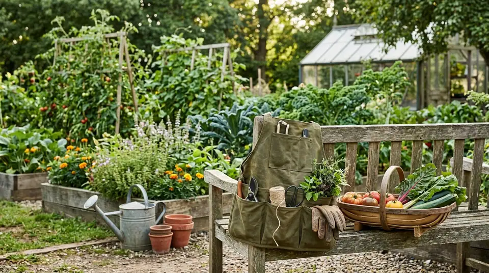 Green canvas apron with gardening tools and harvest basket on a wooden bench in a garden