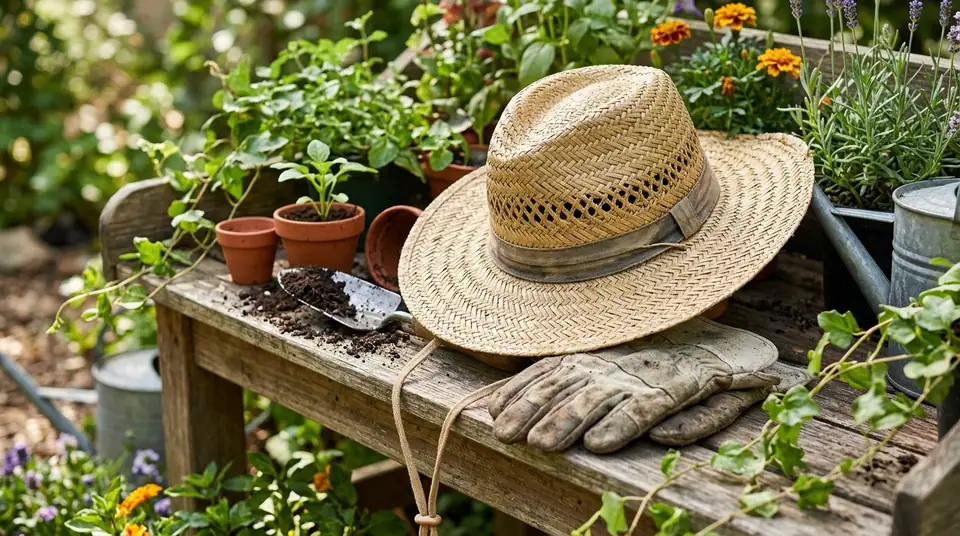 Straw gardening hat resting on a wooden potting bench with gloves and plants