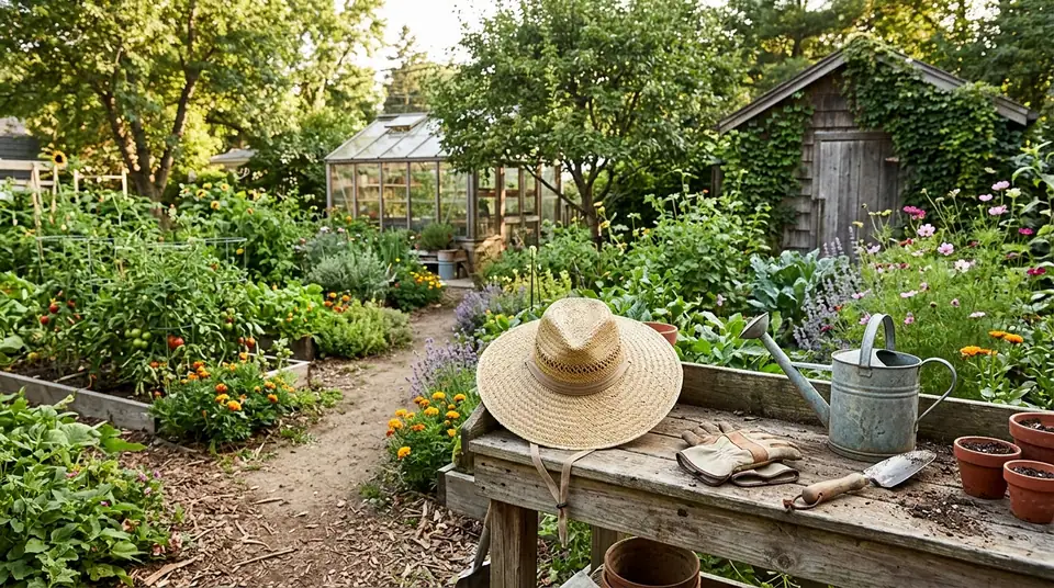 Straw hat, watering can, and gardening tools resting on a wooden potting bench in a lush garden