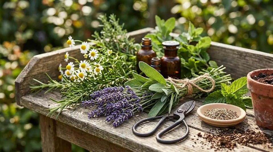 Bundles of fresh lavender chamomile and rosemary on a wooden garden table with brown glass bottles and pruning shears