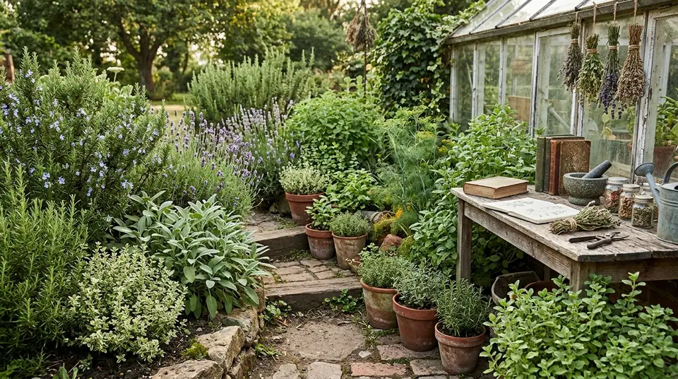 Lush herb garden with rosemary, lavender, sage, and a potting bench outside a rustic greenhouse