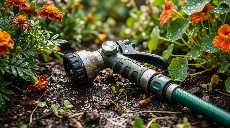 High pressure hose nozzle resting on wet soil between colorful garden flowers