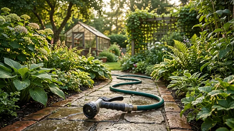 Green garden hose with adjustable spray nozzle resting on a damp stone path flanked by lush plants and a greenhouse