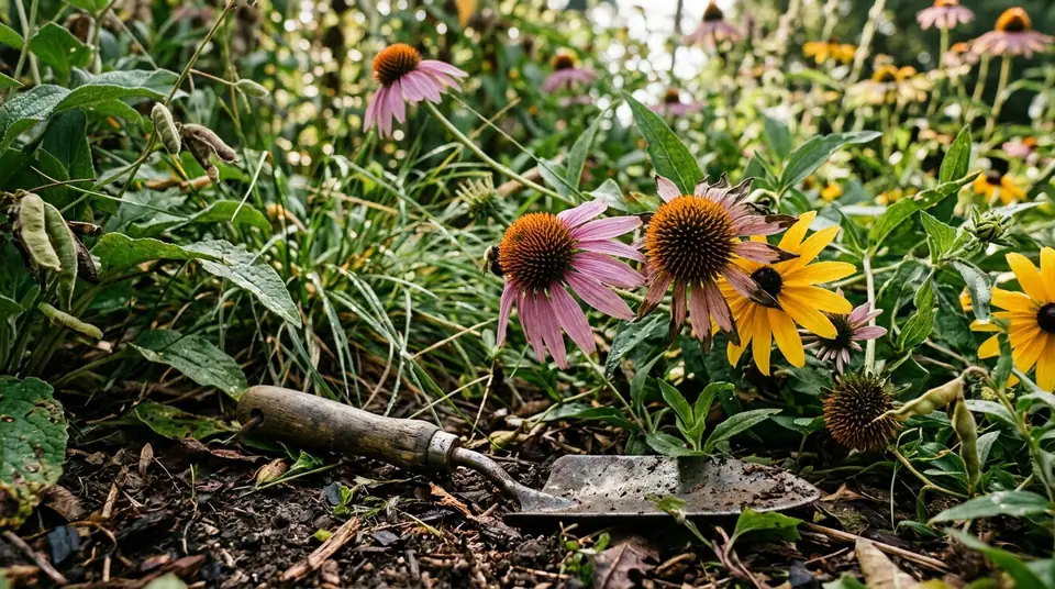 Garden trowel resting on soil amid blooming coneflowers and black-eyed Susans