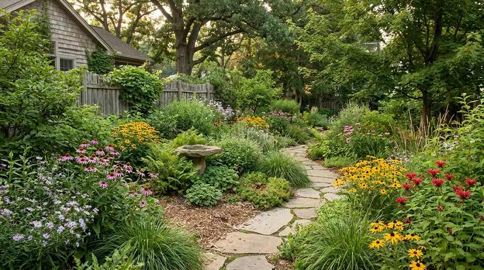 Lush sustainable backyard landscape with native plants lining a stone pathway