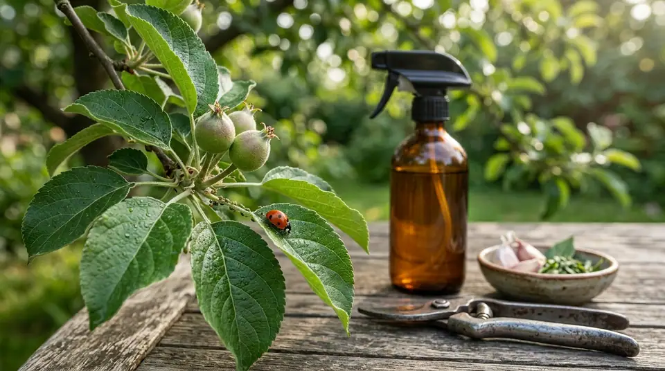 Ladybug on a fruit tree leaf next to a spray bottle, garlic, and pruners on a wooden table