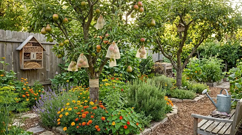 Fruit trees protected with mesh bags in a backyard garden with companion flowers