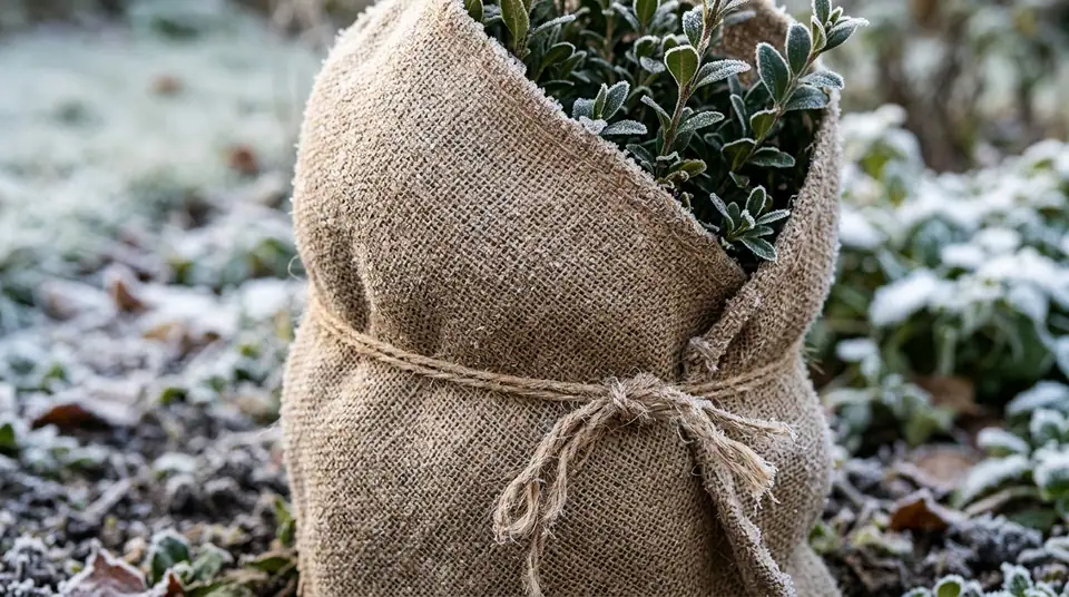 Frost-covered plant wrapped in burlap tied with twine in a winter garden