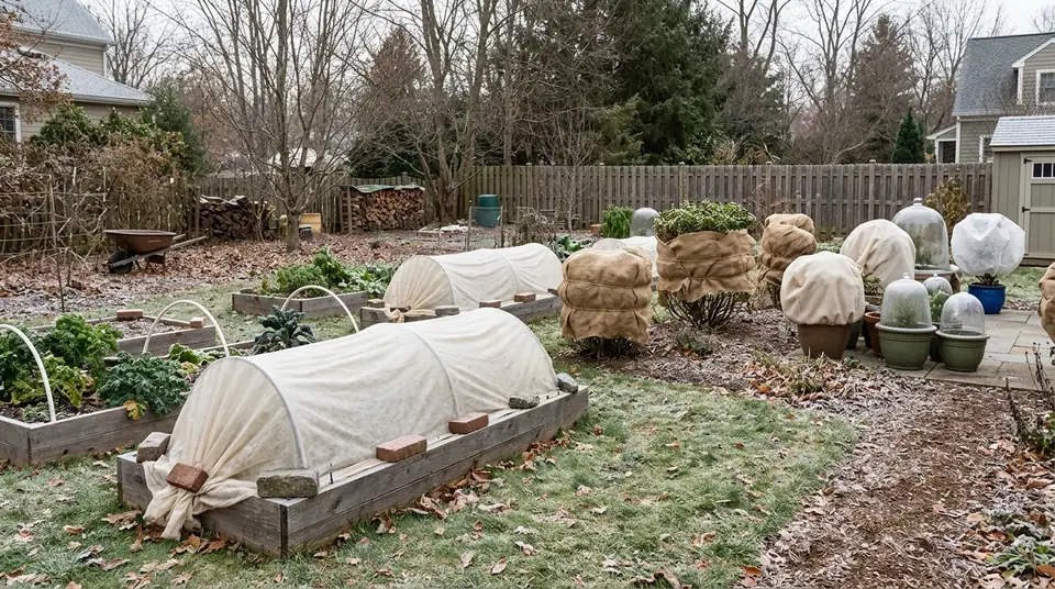 Various plants protected with frost covers, burlap sacks, and cloches in a winter garden