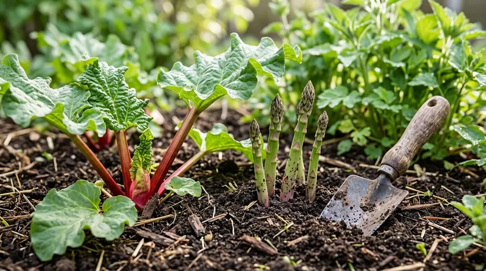Rhubarb and asparagus growing in a garden bed beside a trowel