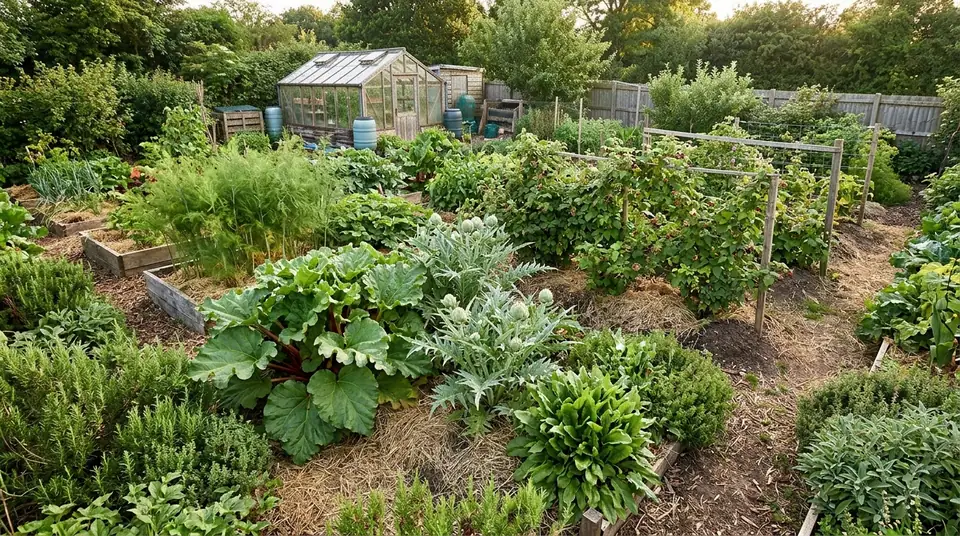 Lush survival garden with raised beds, perennial edibles, and greenhouse