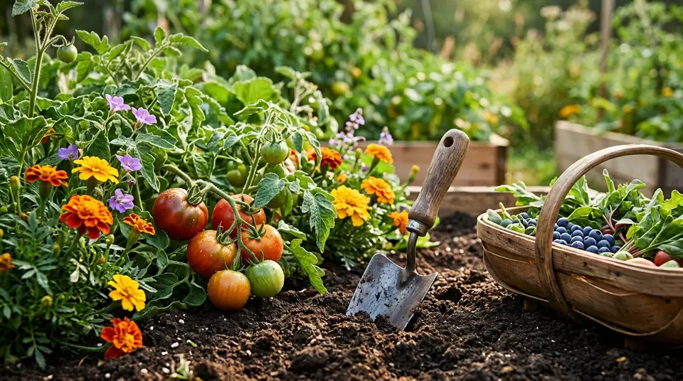 Ripe tomatoes and marigolds growing in a sunny garden with a trowel and harvest basket