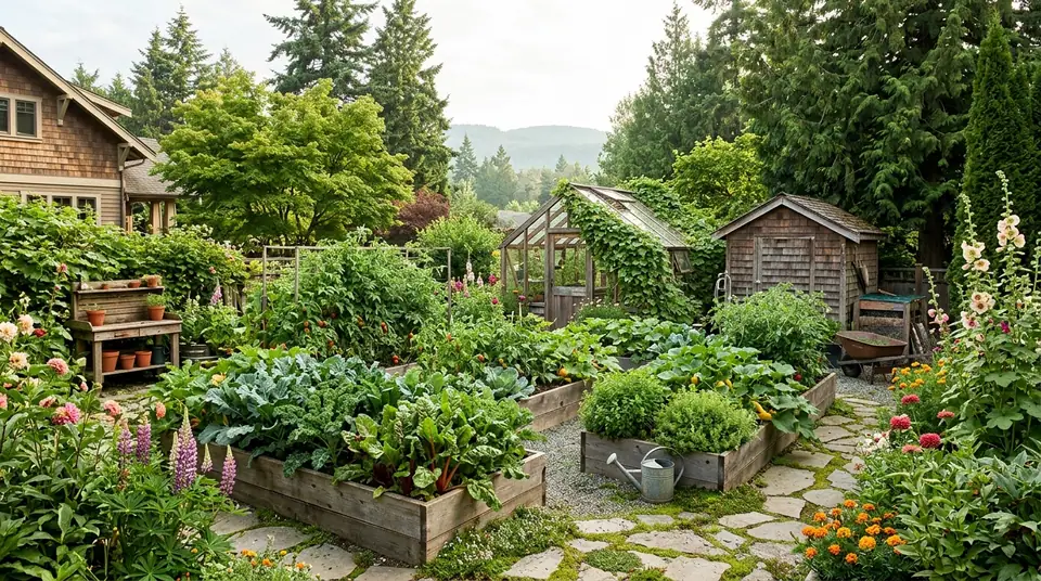 Lush Canadian garden with raised beds, a greenhouse, and a wooden shed against forest hills