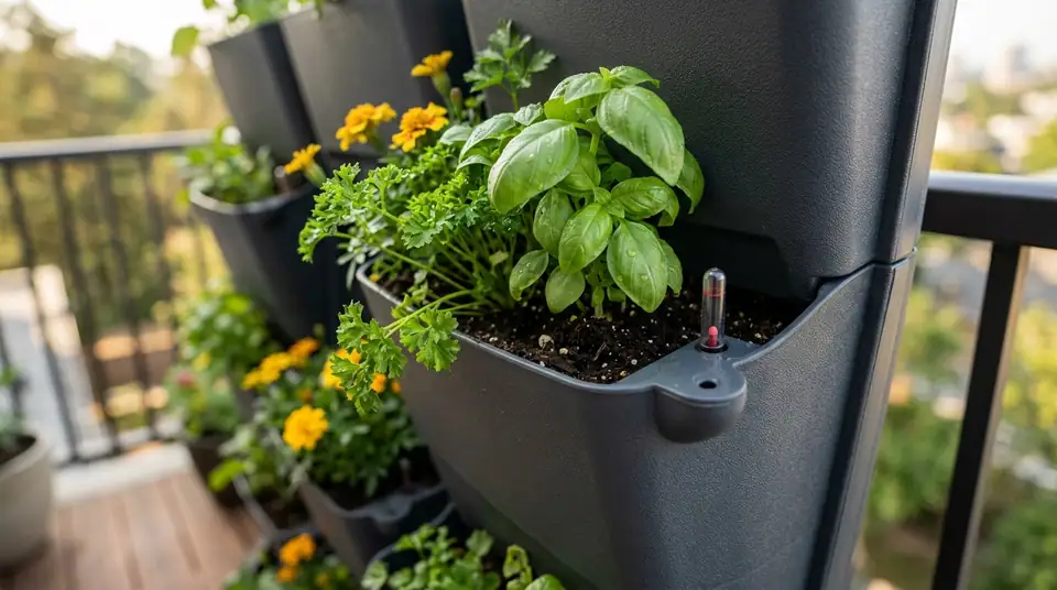 Basil and flowers growing in a self-watering vertical planter on a balcony
