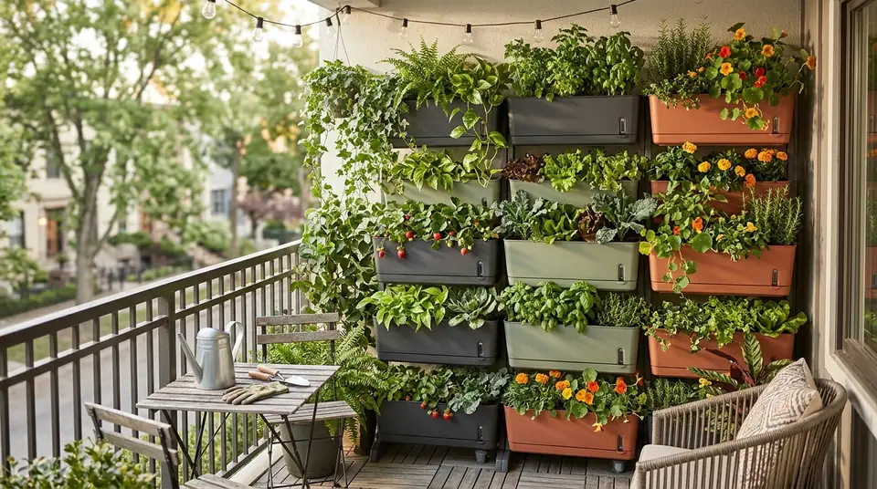 Vertical balcony garden with colorful self-watering planters filled with leafy greens and flowers