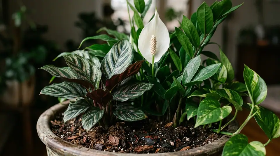 A large ceramic planter filled with a variety of shade-loving indoor plants