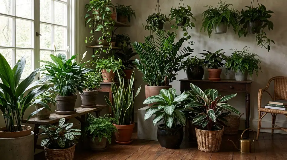Collection of diverse shade loving houseplants arranged in pots on the floor, shelves and hanging near a window