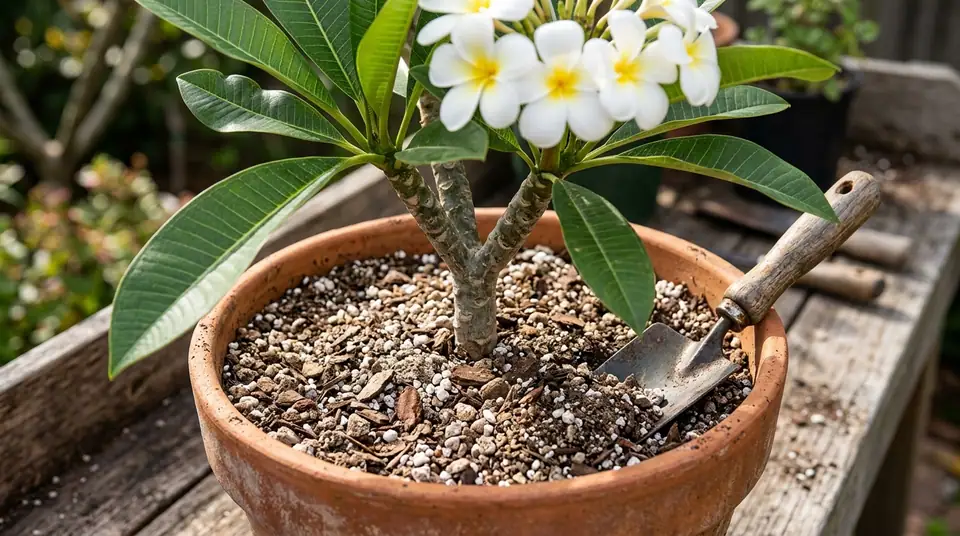 Potted plumeria plant with white flowers and a garden trowel in coarse potting soil