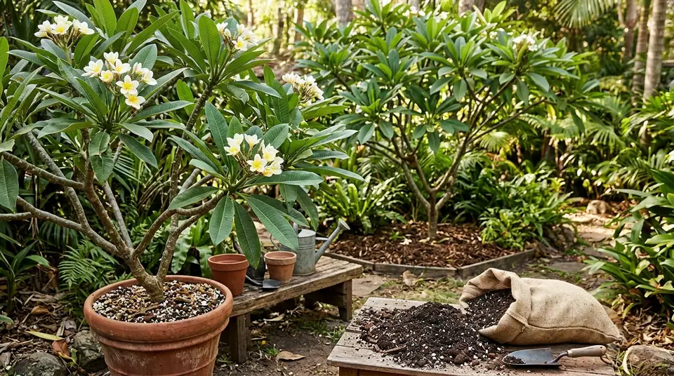 Potted plumeria with white and yellow blossoms next to soil bag and trowel on a garden workbench