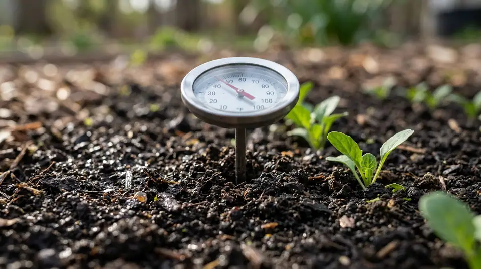 Soil thermometer inserted in dark garden bed near small vegetable seedlings