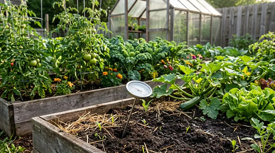 Soil thermometer planted in a garden bed with young vegetable sprouts