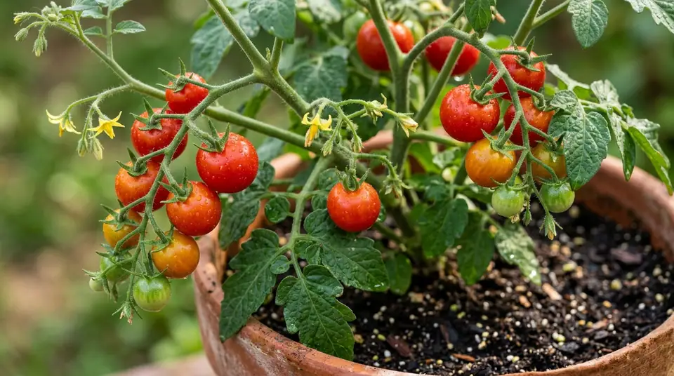 Potted tomato plant laden with clusters of ripening red cherry tomatoes