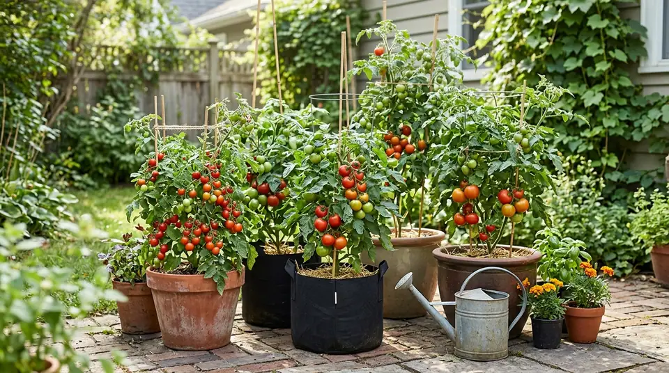 Potted tomato plants loaded with red and green fruit on a patio