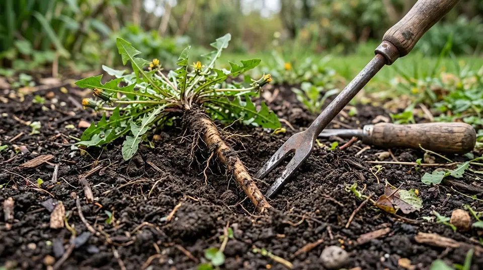 Dandelion weed with a long taproot lying in garden soil next to a weeding fork