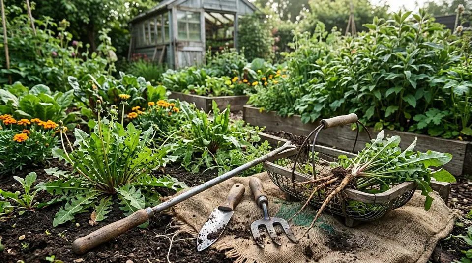 Weeding tools and a basket of uprooted dandelions in a garden
