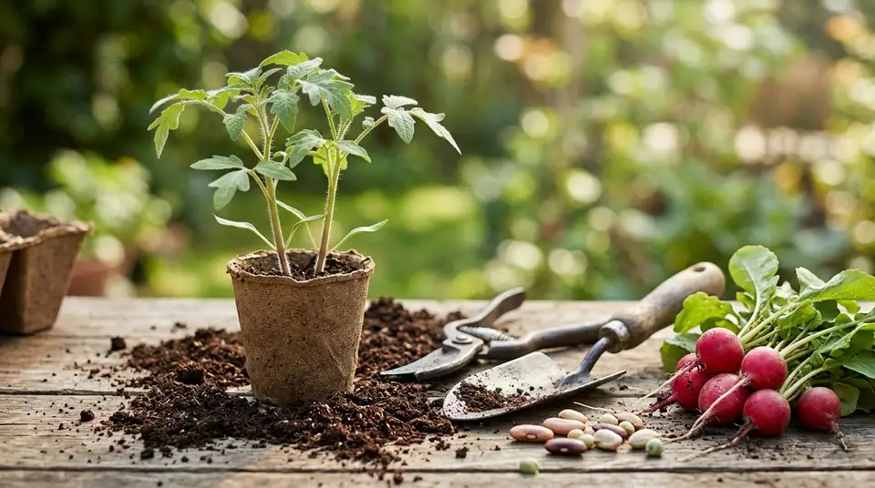 Tomato seedling in peat pot with garden tools seeds and radishes on wooden table