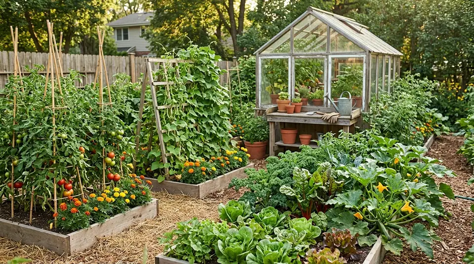 Lush vegetable garden with raised beds, a greenhouse, and various plants