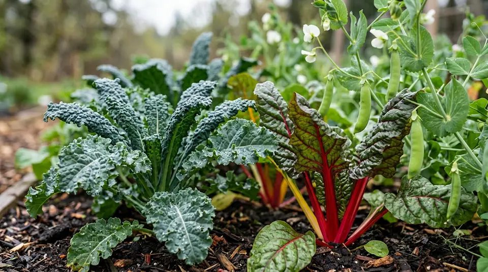 Kale and chard growing in a garden bed with pea plants in the background