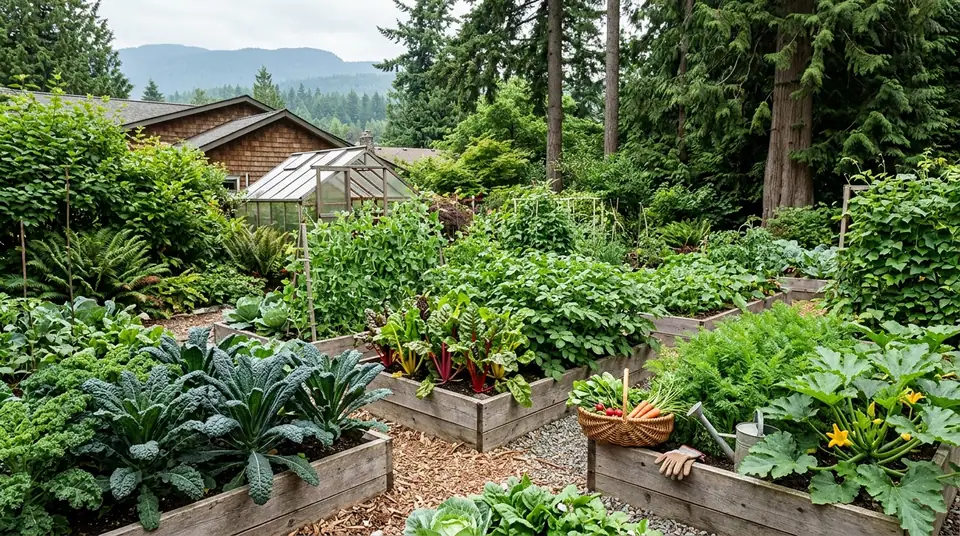 Lush vegetable garden with raised beds of kale, chard, and carrots against a British Columbia forest backdrop