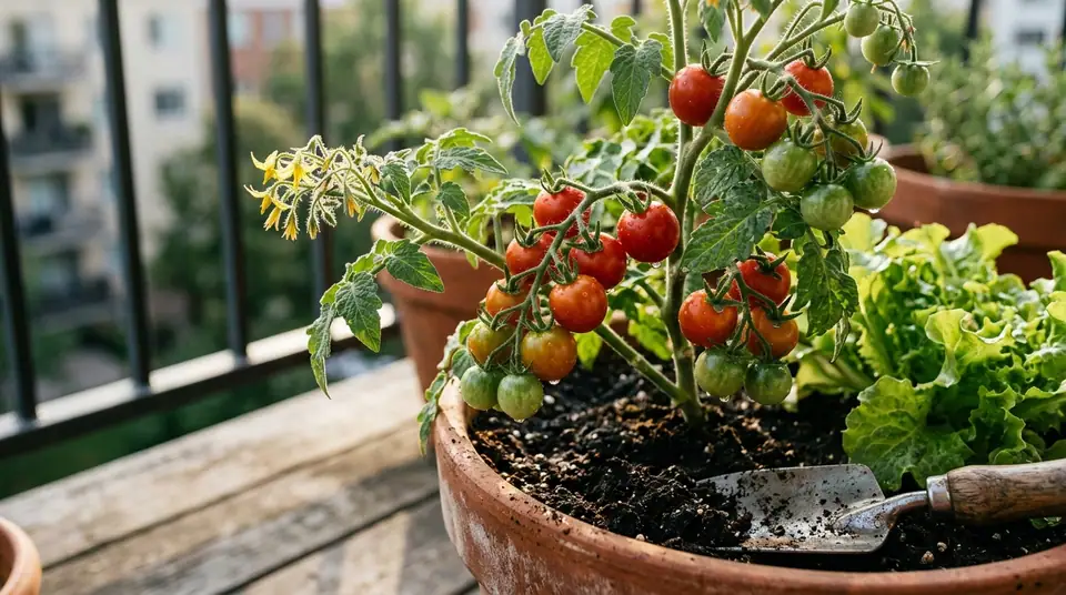Potted tomato plant with ripening red and green fruits on a sunny apartment balcony
