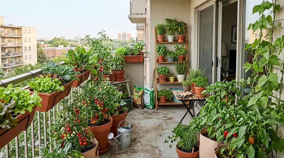 Lush vegetable garden in pots and planters on a sunny apartment balcony overlooking the city