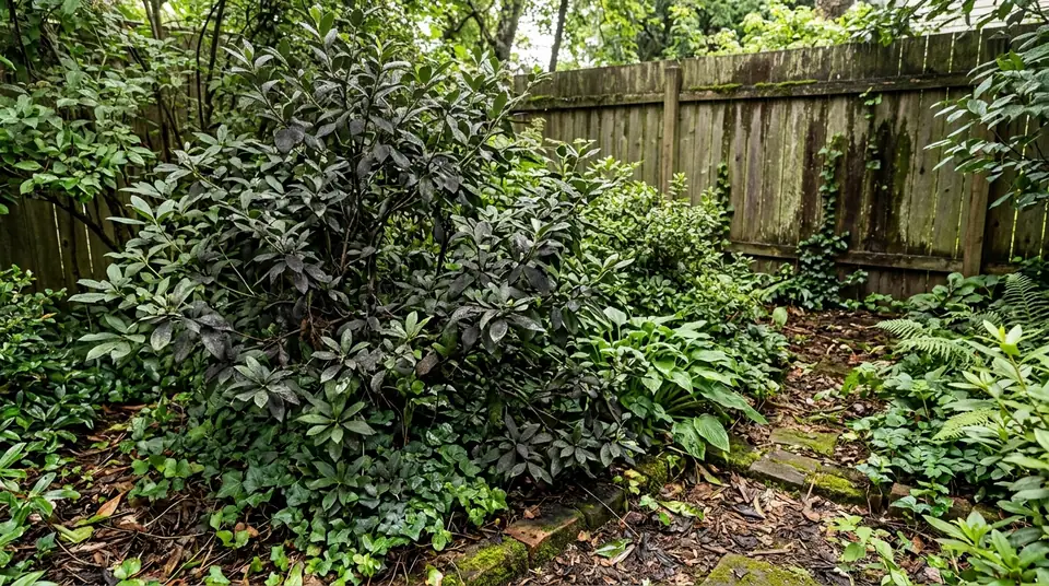 Dark mold coating the leaves of a backyard shrub near a wooden fence
