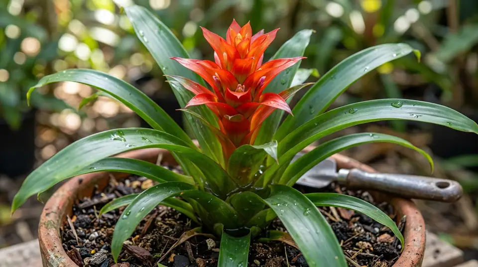 Potted bromeliad plant with vibrant orange flower bracts and green leaves