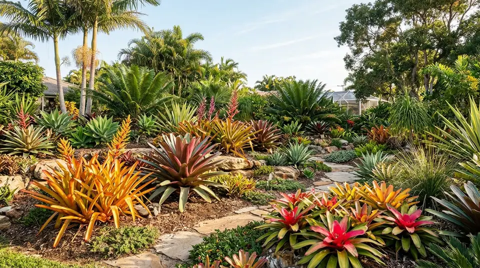 Bromeliads thriving in full sun in a lush tropical garden with stone pathways