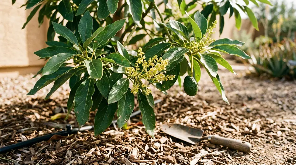 Young avocado tree with green fruit and blossoms growing in a desert landscape
