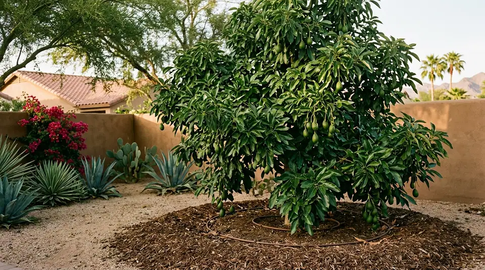 Lush avocado tree laden with fruit in an arid desert backyard