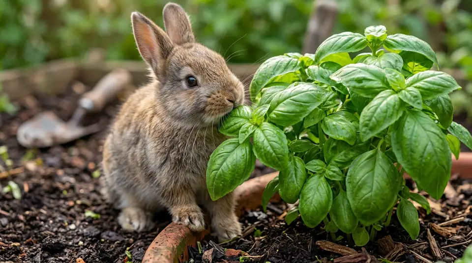 Small brown rabbit nibbling on green basil leaves in a garden bed
