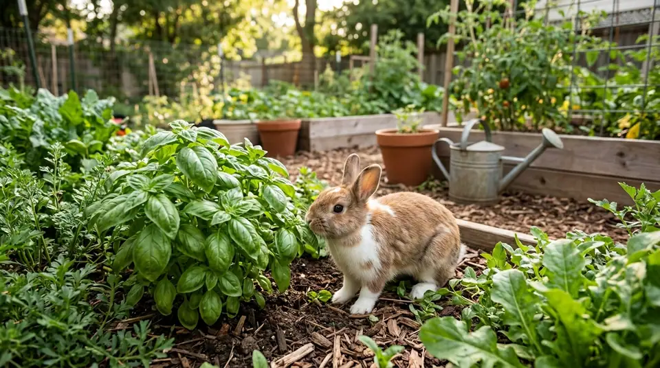 Cute brown and white bunny standing next to a fresh basil plant in a garden