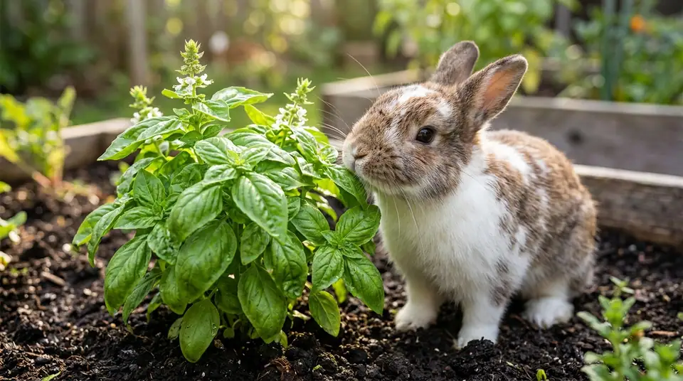 A brown and white bunny sniffing a green basil plant in a garden bed