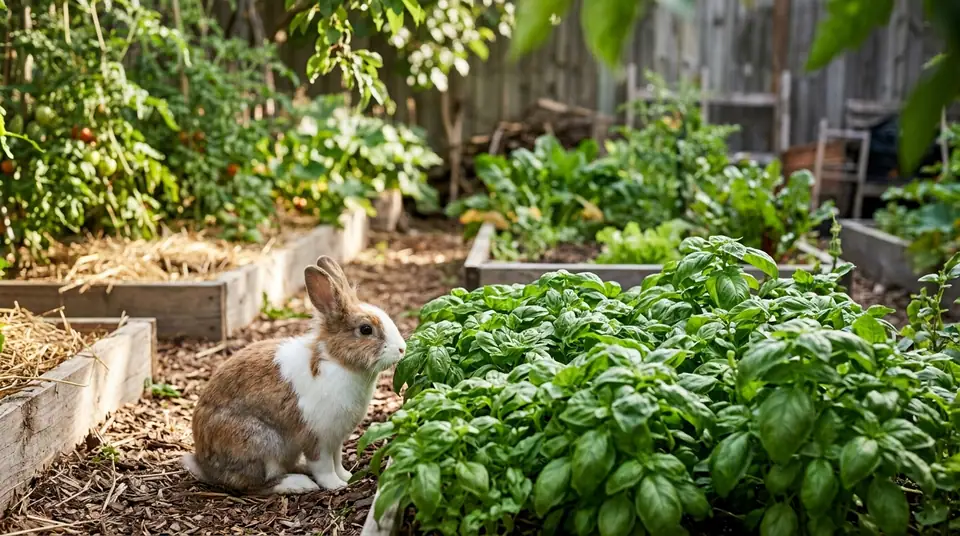 A brown and white bunny sitting next to lush green basil plants in a garden bed