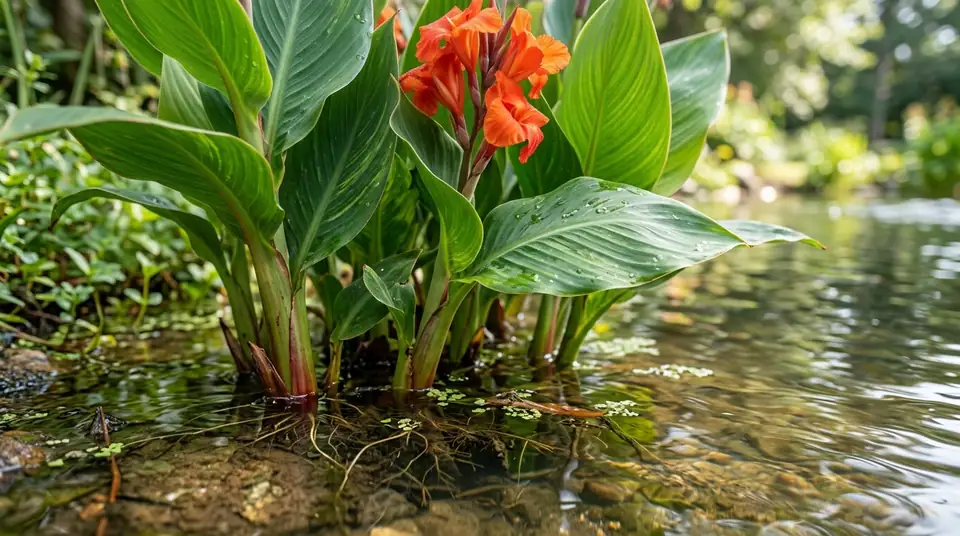 Canna lily growing at the water's edge with visible roots submerged in the shallow pond