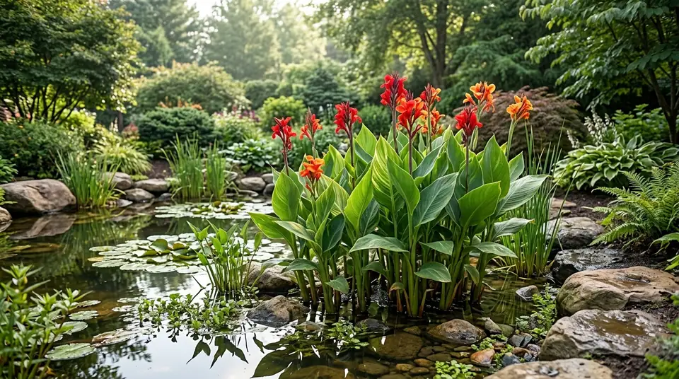 Vibrant canna lilies with red and orange flowers growing directly in a garden pond
