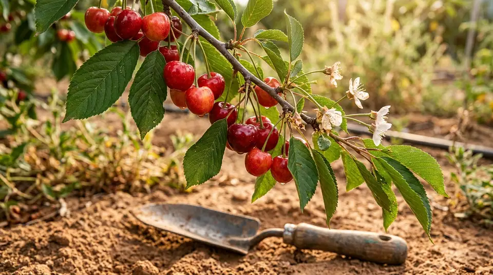 Close-up of ripe cherries hanging on a branch above soil and a garden trowel