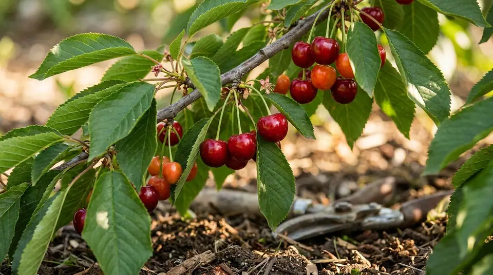 Close up of cherry tree branch laden with ripe red cherries and green leaves over garden soil