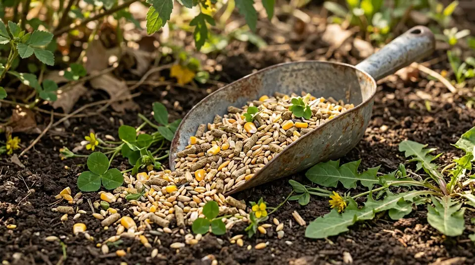 Metal garden scoop filled with goat feed resting on dark soil amidst green plants